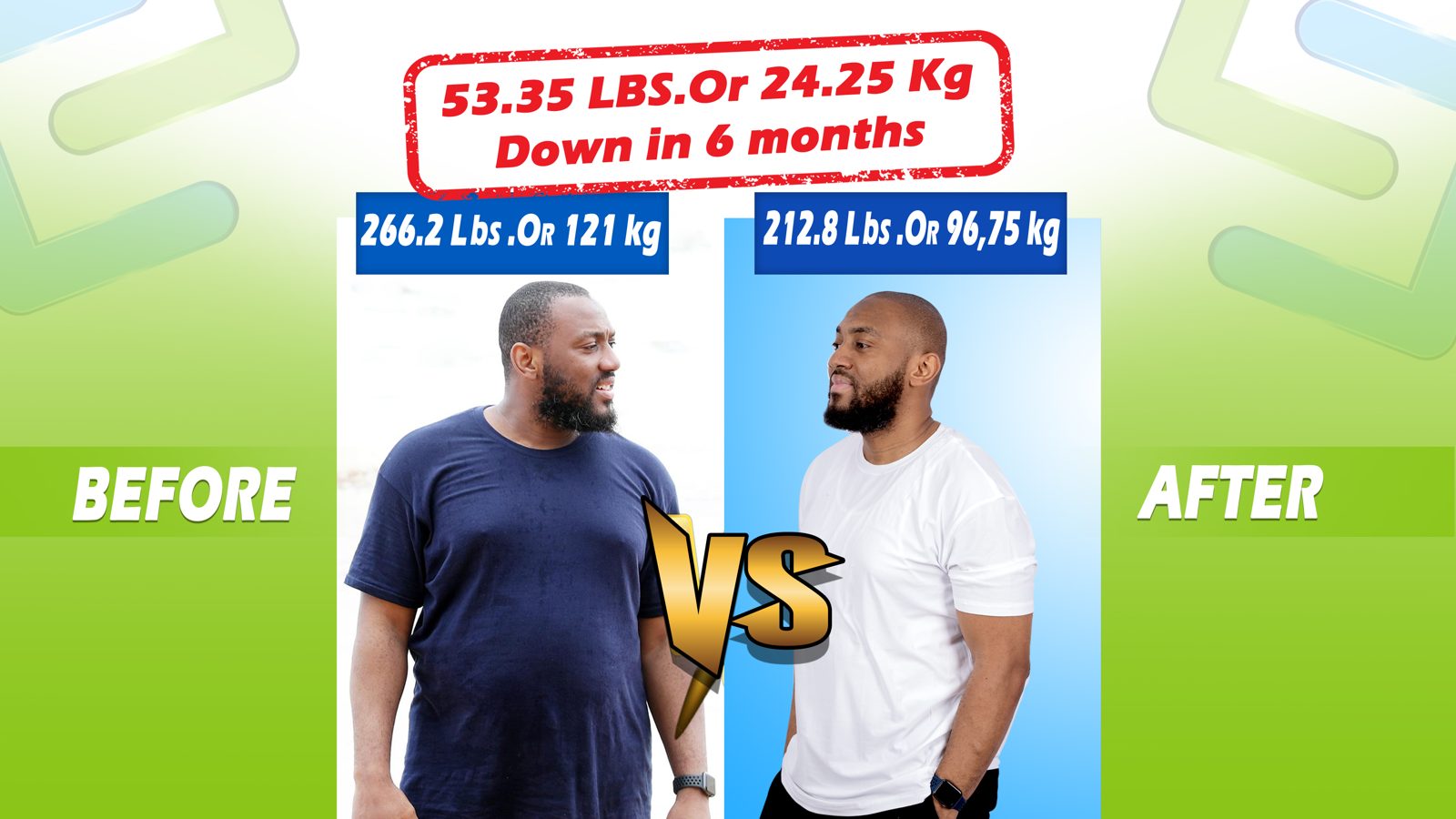 Photo avant et après de Nurse Shinrama Sensei : 121 kg avant, 96,75 kg après, 24 kg perdus en 6 mois